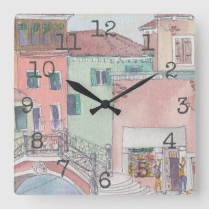 Square Shaped Clock "Waterverf Shopping" Vierkante Klok