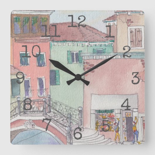Square Shaped Clock "Waterverf Shopping" Vierkante Klok (Voorkant)