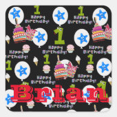 Square Stickers, #1 Happy First Birthday Black Vierkante Sticker (Voorkant)