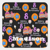 Square Stickers, #8 Happy 8th Birthday Black Vierkante Sticker (Voorkant)