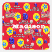 Square Stickers, #9 Happy 9th Birthday Red Vierkante Sticker (Voorkant)