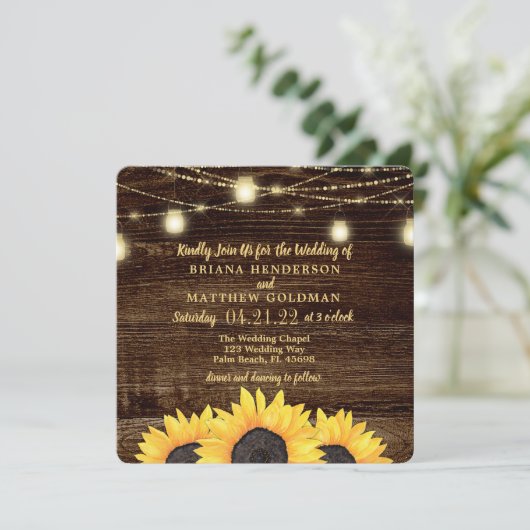 Square Sunflower Mason Jar Wedding Invitations Kaart (Staand voorkant)