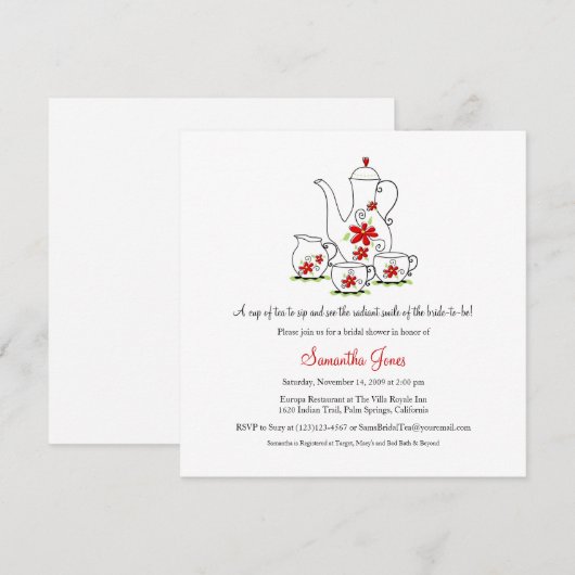 Square Tea Set Bridal Shower Invitations, Red Kaart (Voorkant / Achterkant)
