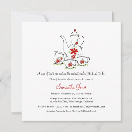 Square Tea Set Bridal Shower Invitations, Red Kaart (Voorkant)
