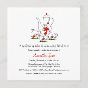 Square Tea Set Bridal Shower Invitations, Red Kaart