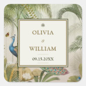 Square Tropical Peacock Palm Wedding Sticker Label (Voorkant)