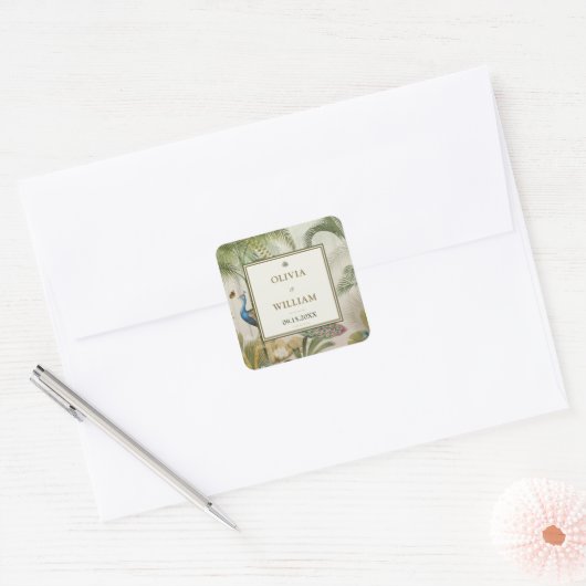 Square Tropical Peacock Palm Wedding Sticker Label (Envelop)