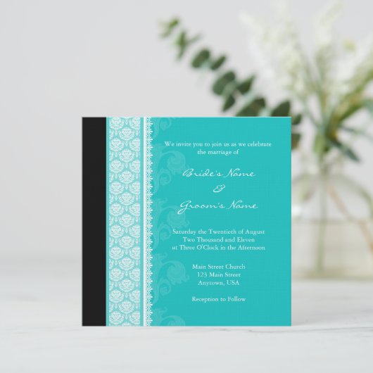 Square Turquoise Damask Wedding Invitations Kaart (Staand voorkant)