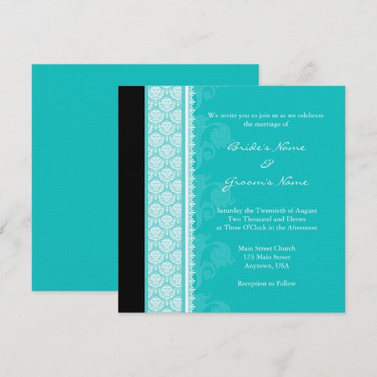 Square Turquoise Damask Wedding Invitations Kaart (Voorkant / Achterkant)