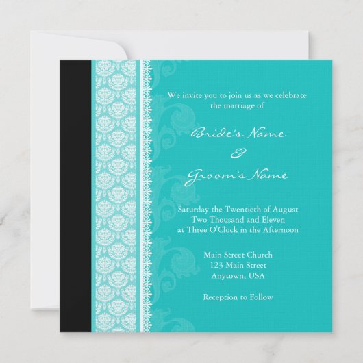 Square Turquoise Damask Wedding Invitations Kaart (Voorkant)