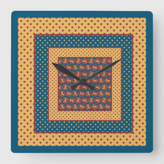Square Wall Clock, Gold-effect Horses, pooldots Vierkante Klok (Voorkant)