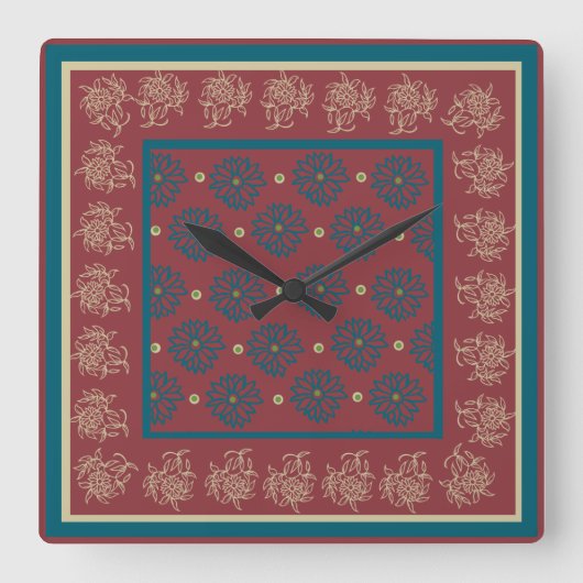 Square Wall Clock, Maroon, Blue Floral Vierkante Klok (Voorkant)