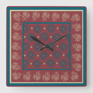 Square Wall Clock, Maroon, Blue Floral Vierkante Klok