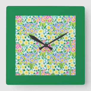 Square Wall Clock, Spring Primroses, Forest Green Vierkante Klok