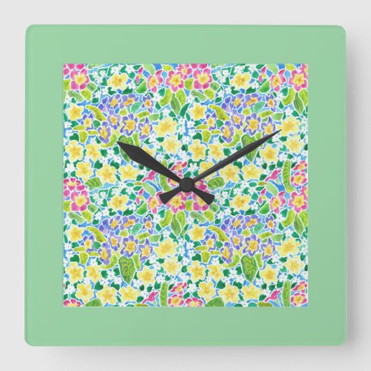 Square Wall Clock, Spring Primroses, Mint Green Vierkante Klok (Voorkant)