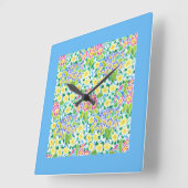 Square Wall Clock, Spring Primroses, Sky Blue Vierkante Klok (Hoek)
