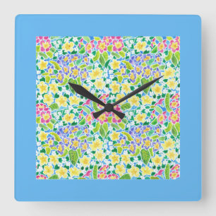 Square Wall Clock, Spring Primroses, Sky Blue Vierkante Klok