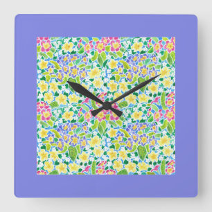 Square Wall-klok, Spring Primroses, Powder Blue Vierkante Klok