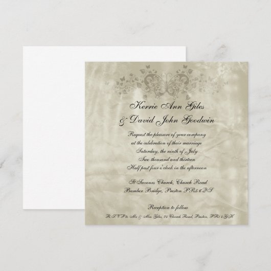 Square Wedding Invitation  Paper Butterfly Kaart (Voorkant / Achterkant)