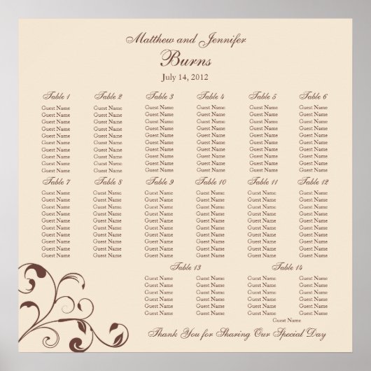 Square Wedding Reception Sezing Chart Poster (Voorkant)