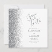 Square White Silver Glitter Bewaar de datum Aankondiging (Voorkant)