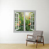 Square White Window with Tropical Scenic View Wandkleed (In situ)