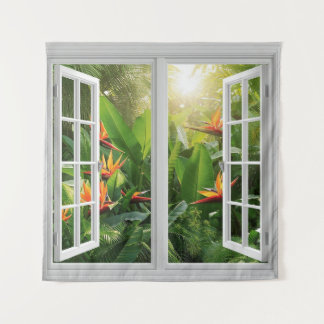 Square White Window with Tropical Scenic View Wandkleed