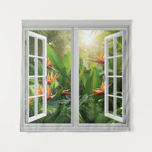 Square White Window with Tropical Scenic View Wandkleed (Voorkant)