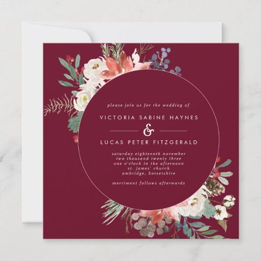 Square Winter Berry Floral Wedding Invitation Kaart (Voorkant)