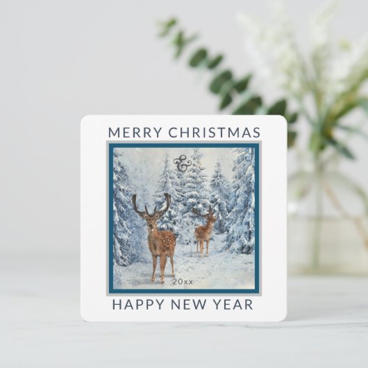 Square Winter Forest w/Deer | Kerstfeestdag Feestdagenkaart (Staand voorkant)