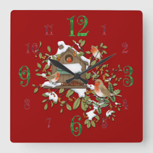 Square Winter Robin Bird House Wall klok