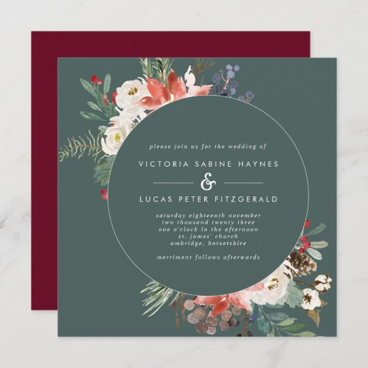 Square Winter Sage & Marsala Floral Wedding Kaart (Voorkant / Achterkant)