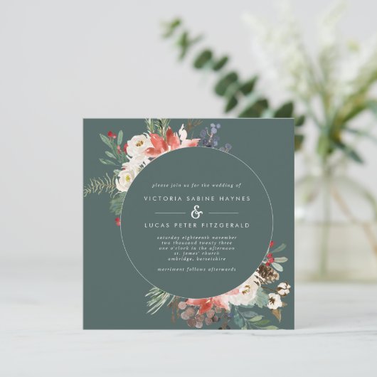 Square Winter Sage & Marsala Floral Wedding Kaart (Staand voorkant)