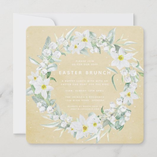 Square Yellow + White Floral Wreater Brunch Kaart (Voorkant)