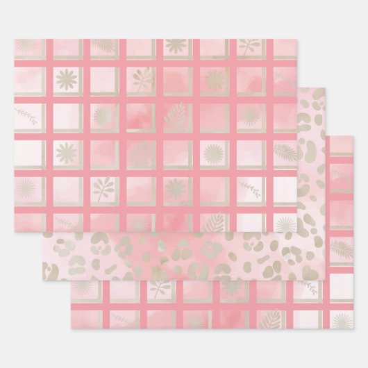 Squares Pink Floral Leopard Pattern Inpakpapier Vel (Set)