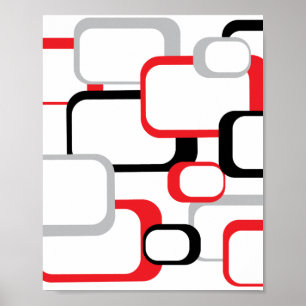 Squares Retro Pattern Black Grey Red White Poster