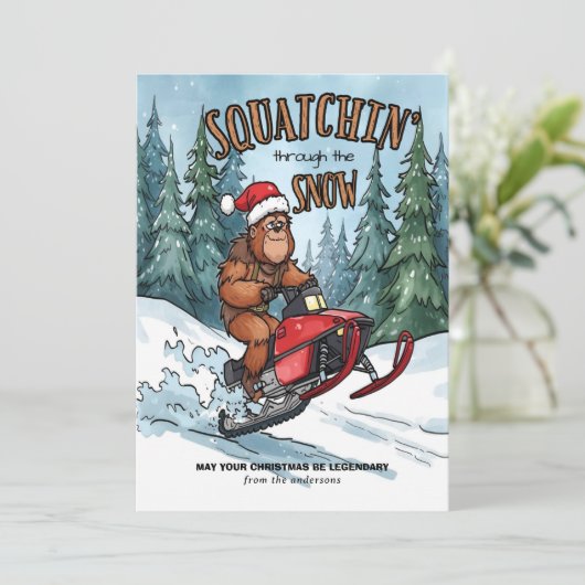 Squatchin' through the Snow Bigfoot Christmas Feestdagenkaart (Staand voorkant)