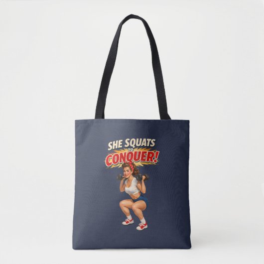Squats Conquer Funny Retro Pin-Up Motivational Gym Tote Bag (Voorkant)