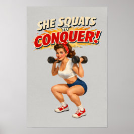 Squats To Conquer -Funny Retro Fitness Pin-Up- Gym Poster