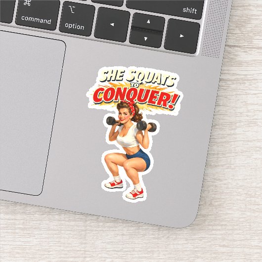 Squats To Conquer -Funny Retro Fitness Pin-Up- Gym Sticker (Detail)