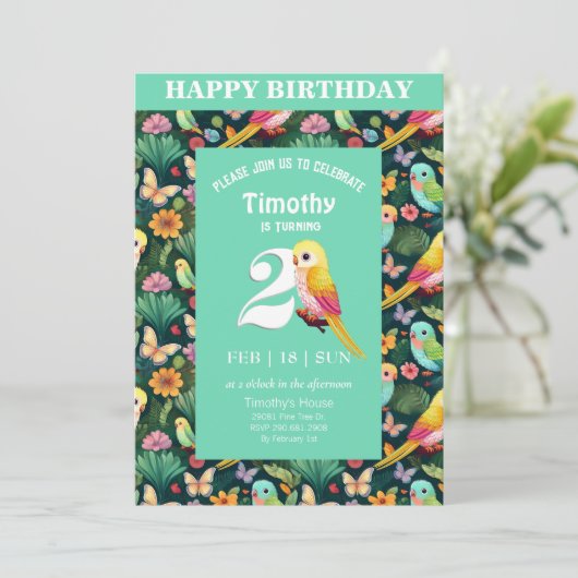 Squawk-tacular 2nd Birthday Bash: een kleurrijke Kaart (Staand voorkant)