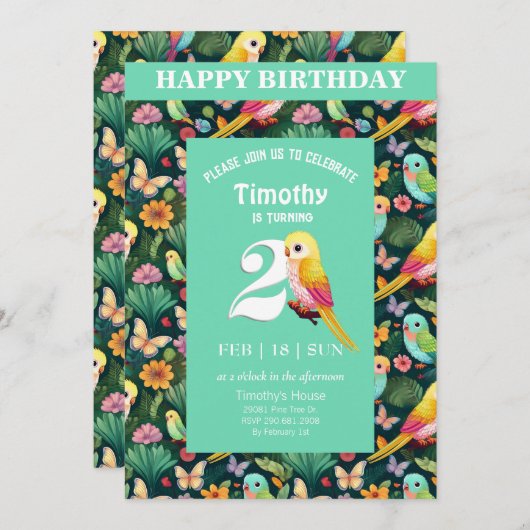 Squawk-tacular 2nd Birthday Bash: een kleurrijke Kaart (Voorkant / Achterkant)