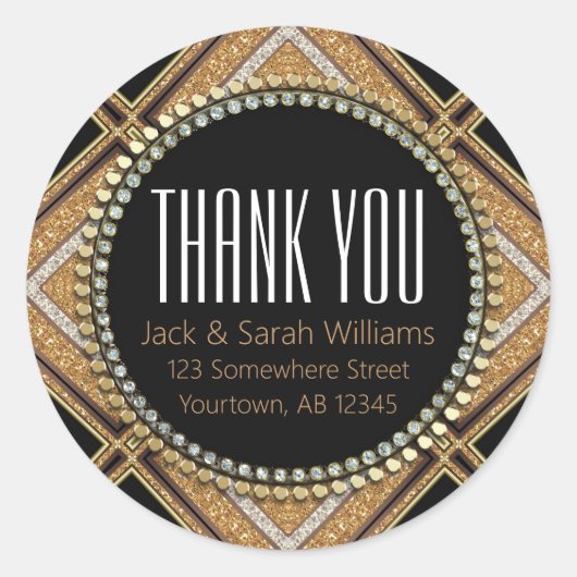 Squaza-D Art Deco Goud Zwart Bedankt Rond Ronde Sticker (Voorkant)