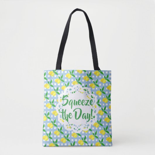 Squeeze The Day Yellow Lemons Blue White Check Tote Bag (Voorkant)