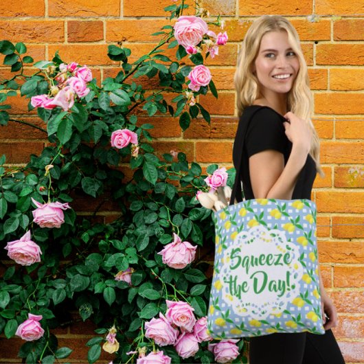 Squeeze The Day Yellow Lemons Blue White Check Tote Bag