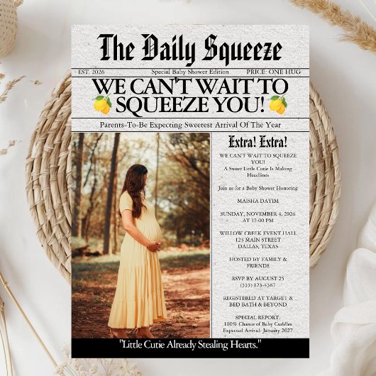 Squeeze You Lemon Krant Baby Shower Kaart