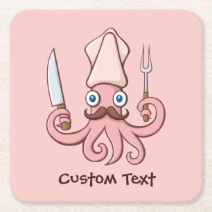 Squid Chef Cartoon Kartonnen Onderzetters