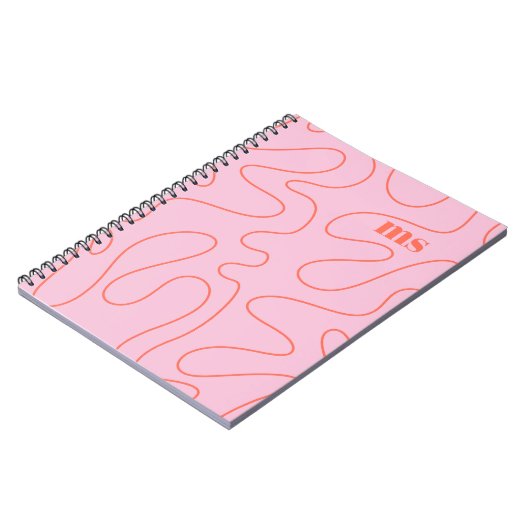 Squiggle Abstract Patroon Roze en Oranje Initialen Notitieboek (Linkerzijde)