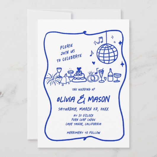 Squiggle hand-getrokken moderne Doodle Blue bruilo Kaart (Voorkant)