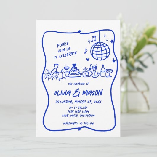 Squiggle hand-getrokken moderne Doodle Blue bruilo Kaart (Staand voorkant)